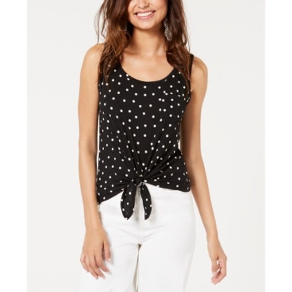 Rebellious One Polka-Dot Printed Tie-Front Tank Top, Black, Sz XL - Picture 1 of 5